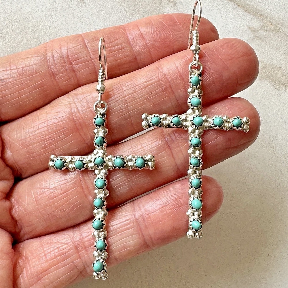 Native American Cross Earrings Zuni Sleeping‎ Beauty Turquoise Sterling Silver